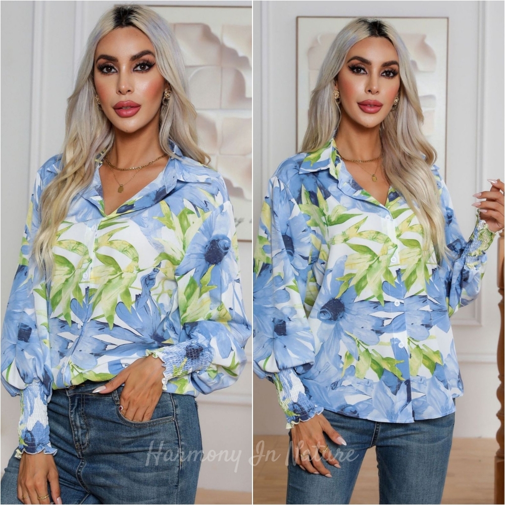 Vintage Bloom Button Down Top - Blue